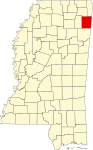 Map of Mississippi highlighting Itawamba County